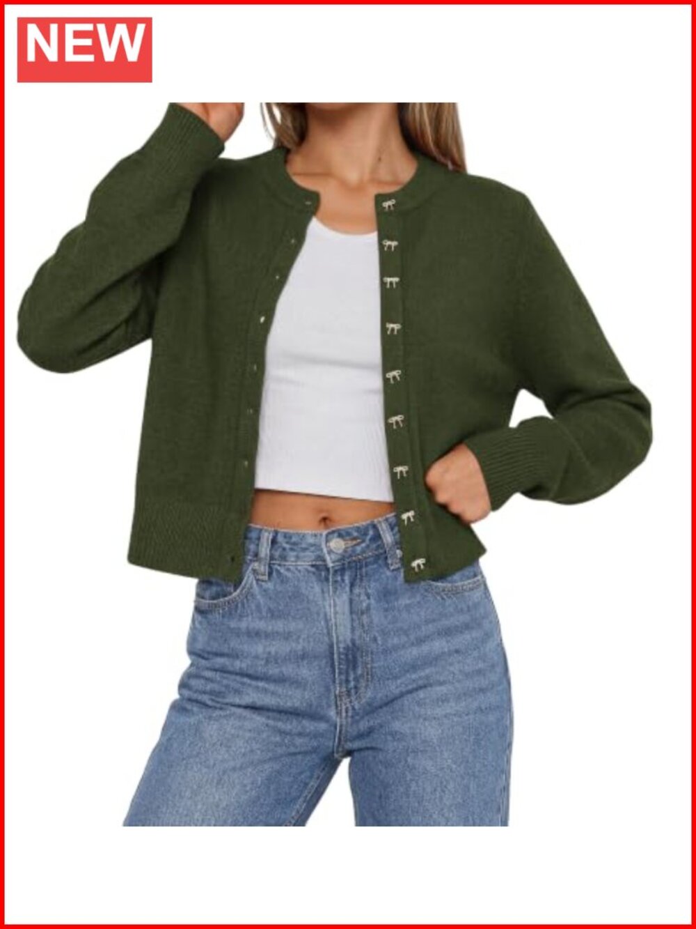 Cropped Bow Button Cardigan Sweater Long Sleeve Crew Neck Knit Layer